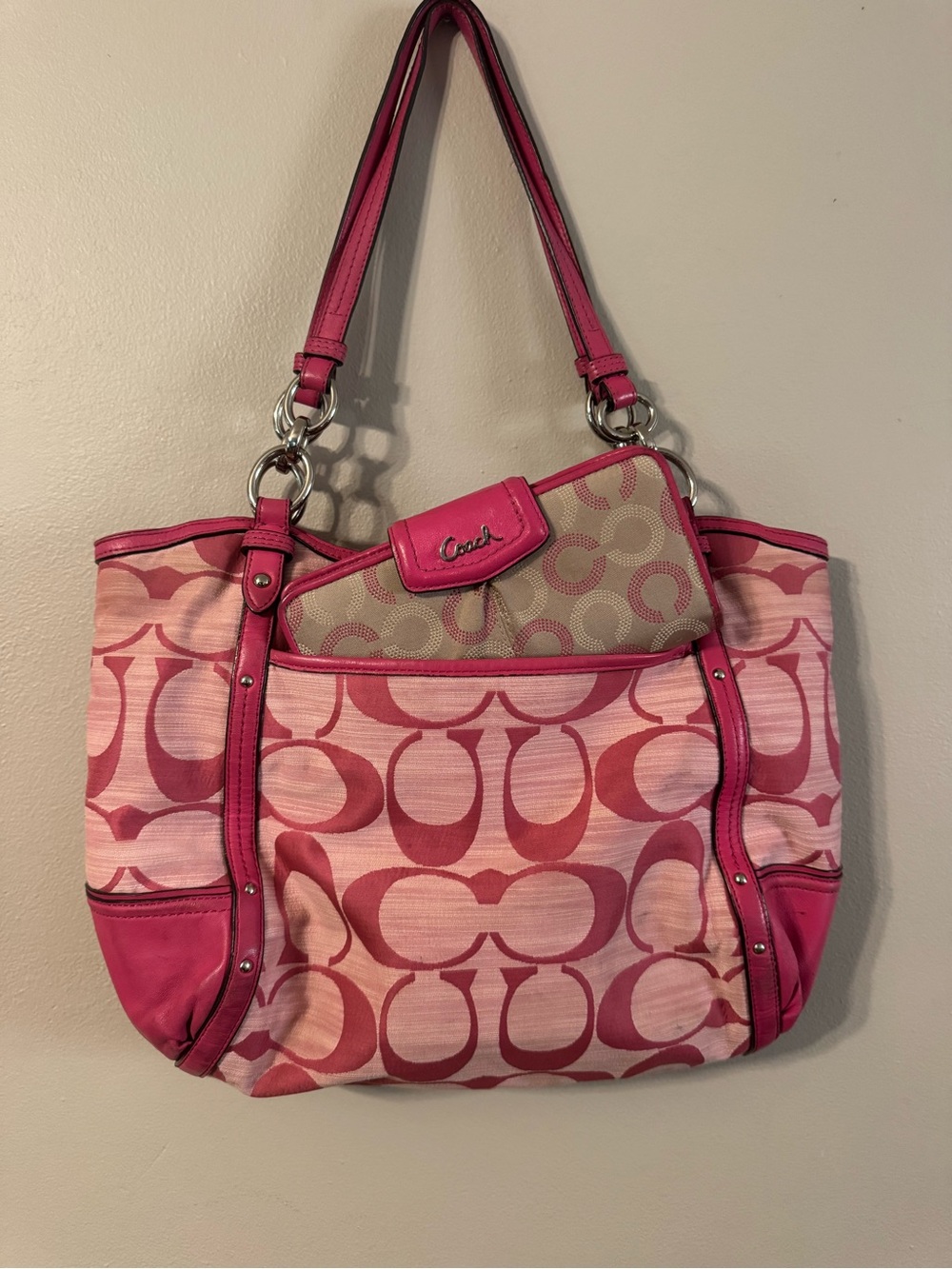 Vintage Coach Alexandra Pink Signature Canvas Tote with Vintage Wallet